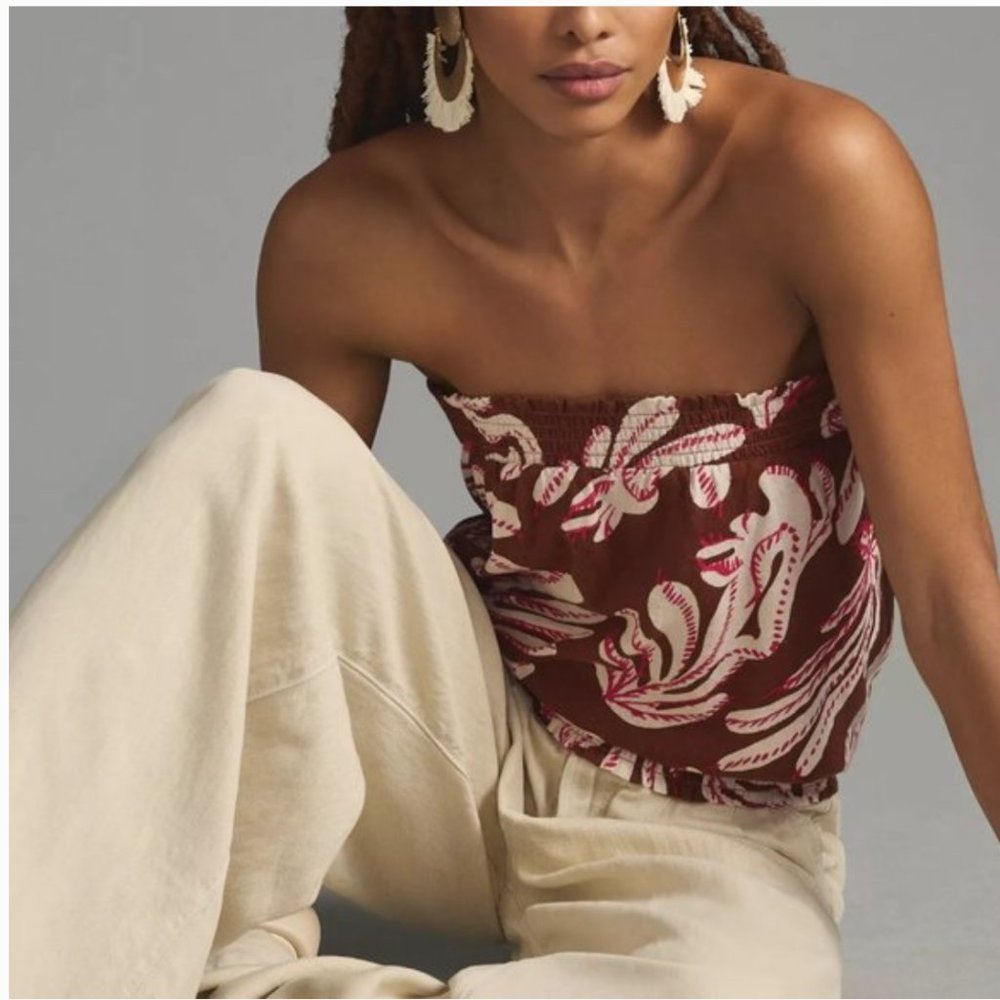NWT Anthropologie | Brown & White Linen Blend Strapless Smocked Bubble Top, XL